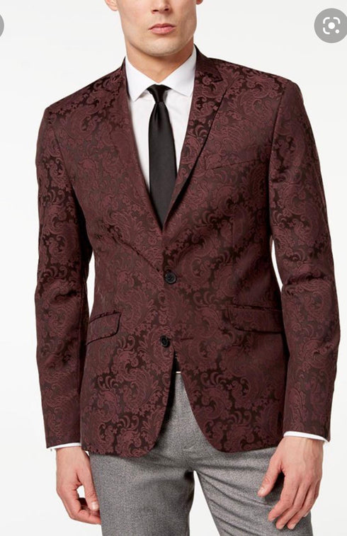 Men’s Burgundy Paisley Blazer Sport Coat – Velvet Dinner Jacket floral in Maroon Wine Color Ultra Slim Fit Smoking Jacket