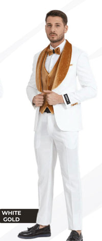 Men's White & Gold Tuxedo – Velvet Shawl Lapel 3 Piece Wedding & Prom Suit