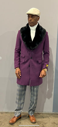 Mens Purple Pimp Coat - Overcoat with Black Faux Fur Collar – Luxury Winter Dress Coat for Formal and Casual Wear