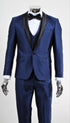 Men’s Shiny Sharkskin Saphire Royal Blue Tuxedo 3 Piece Suit with Black Shawl Lapel | Formal Wedding Prom Suit Shiny Fabric