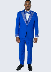 Men’s Bright Royal Blue and White lapel Embellished Tuxedo Suit – 3-Piece Formal Wedding, Prom, and Gala Outfit