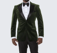 Men’s Olive Green Velvet Tuxedo Dinner Jacket – Black Satin Peak Lapel Formal Prom Wedding Blazer