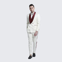 Men’s Ivory and Burgundy Jacquard Tuxedo Suit – Luxury Slim Fit 3-Piece Formal Wedding, Prom, and Gala Outfit in Cream Off White Color