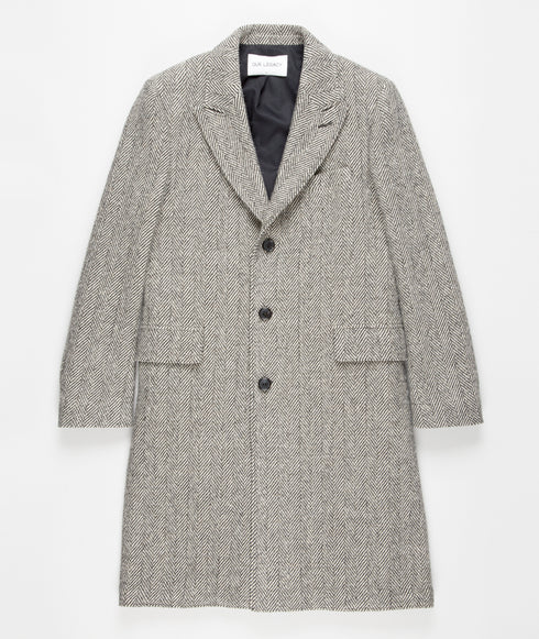 Men’s Grey Herringbone Long Overcoat – Tweed Black and White Pattern Wool Topcoat Three Qaurter