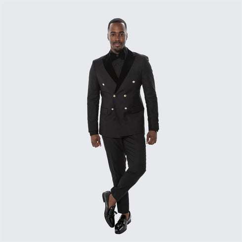 Men’s Black Double Breasted Tuxedo Suit – Luxury Formal Dinner Jacket Gold Buttons Velvet Lapel
