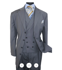 Men’s Grey 4-Button Zoot Suit – Four Buttons 3-Piece Fashion Suit with Double-Breasted Vest and Pleated Pants