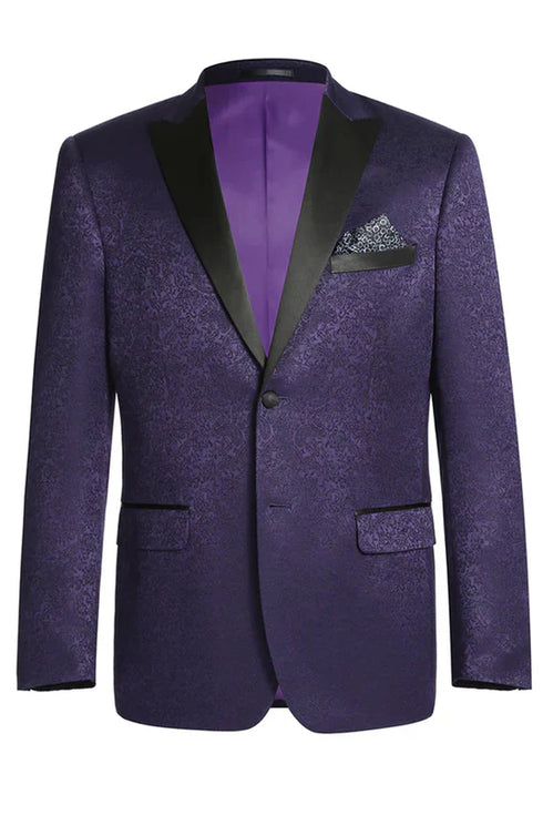 Men’s Purple Paisley Tuxedo Jacket – Ultra Slim Fit Dinner Blazer with Black Satin Peak Lapel