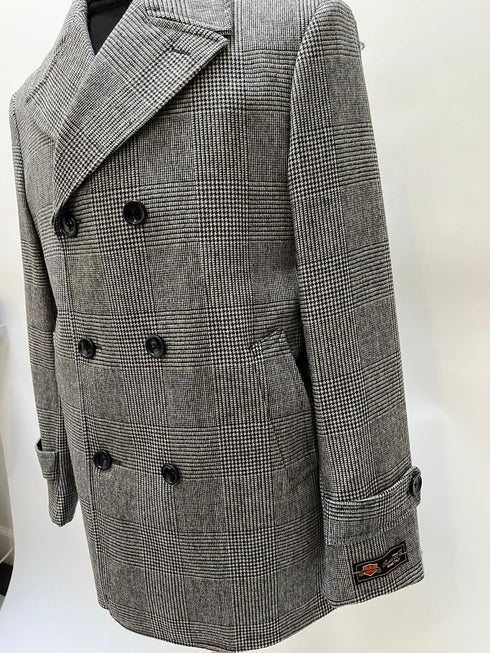 Mens Grey Plaid Double-Breasted Overcoat – Classic Wool-Blend Winter Coat