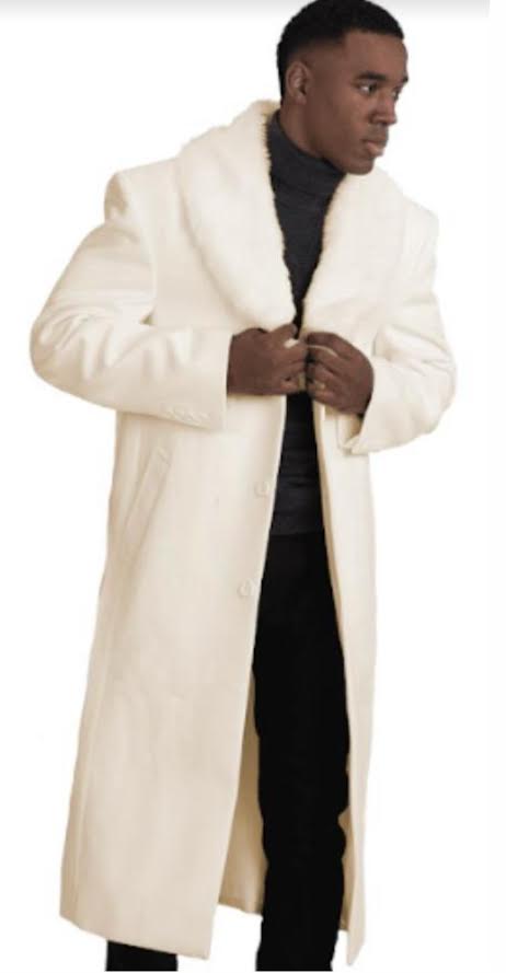 Men’s Ivory - Cream - Off White Full-Length Overcoat with Luxurious Faux Fur Shawl Collar – Winter Dress Coat