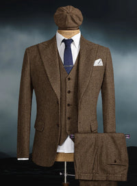 Men’s Thomas Shelby Inspired Brown Herringbone Tweed 3 Piece Suit – Peaky Blinders 1920s Vintage Suit