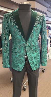 Mens Emerald Green Mardi Gras Blazer with Black Satin Lapel – Paisley Swirl Pattern Formal Party Jacket