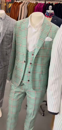 Mint Green Plaid Three Piece Suit for Men | Classic Checkered Formal Suit with Jacket Vest and Pants By Rossiman