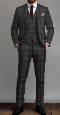 Men's Thomas Shelby Dark Grey Plaid 3-Piece Suit – Peaky Blinders 1920s Vintage Tweed-Style Wedding Suit with Matching Vest & Pants