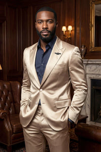 Mens Shiny Champagne Gold Two Piece Suit – Luxury Formal Satin Finish Suit for Wedding, Party and Evening Wear