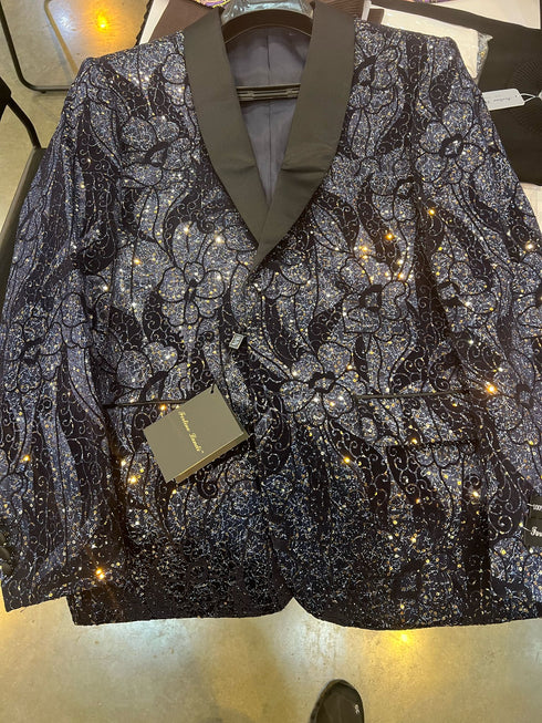 Mens Navy Black Glitter Floral Tuxedo Dinner Jacket with Satin Lapel- Blue Blazer Sequin Fabric