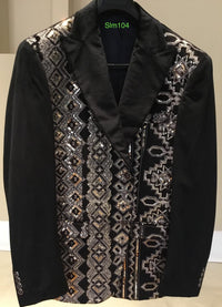 Mens Black and White and Silver Sequin Embroidered Blazer – Luxury Designer Party Wear with Geometric Detailing