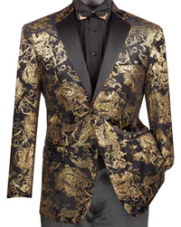 Men’s Black & Gold Paisley Tuxedo Jacket – Luxury Floral Formal Dinner Blazer Black Pants