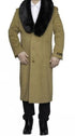 Men’s Camel Tan Long Overcoat with Black Faux Fur Collar - Wool Topcoat Three if not Full length