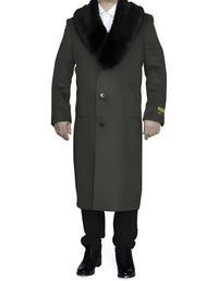 Mens Full Length Olive Overcoat with Black Fur Collar – Luxury Wool Fabric Winter Long Coat in Hunter Green