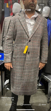 Men’s Full length Long Plaid Overcoat – Classic Checkered Wool Blend Winter Coat in Gray Color Checkered