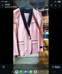 Men’s Blush Pink Shiny 3 Piece Suit with Black Shawl Lapel | Light Pink Prom Suit Sharkskin Fabric - Ultra Slim Fit