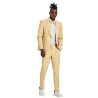 Men’s Light Yellow Shawl Lapel Tuxedo – Modern Wedding, Prom & Groom Formal Suit + Matching bowtie