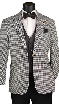 Men’s Black and White Houndstooth Gatsby Inspired Suit – Vintage Style Formal Suit for Wedding, Prom and Classic Events Blazer + Black vest + Black Pants