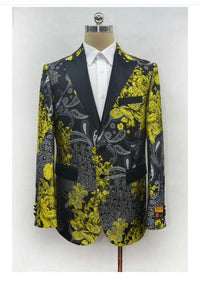 Men’s Yellow Tuxedo Black and Gold Floral Pattern Blazer | Formal Jacket - Prom Dinner Jacket + Black Pants + Bowtie