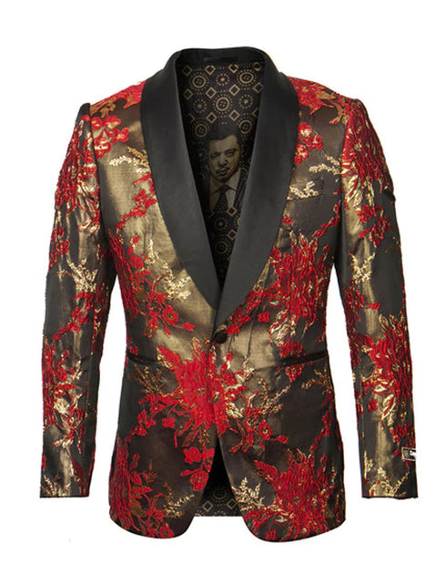 Men’s Red and Gold Floral Pattern Paisley Shawl Lapel | Luxury Evening and Party Wear Jacket Prom Christmas New Year Blazer