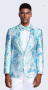 Men’s Light Blue Floral Jacquard Tuxedo Jacket with Matching Bow Tie | Formal Prom Wedding Blazer + Bowtie Turqoise Aqua Color