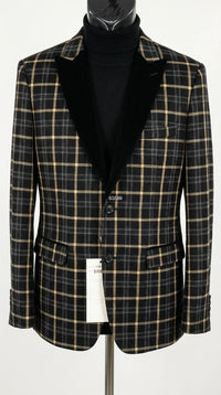 Mens Tartan Black and Gold Check Blazer – Windowpane Plaid Sport Coat Velvet Lapel Formal Party Jacket Chirsitmas New Year Holiday Jacket