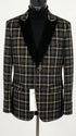 Mens Tartan Black and Gold Check Blazer – Windowpane Plaid Sport Coat Velvet Lapel Formal Party Jacket Chirsitmas New Year Holiday Jacket