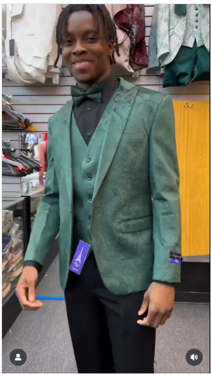 Men’s Emerald Green Paisley Tuxedo 3-Piece Suit – Slim Fit Formal Blazer, Vest, and Pants for Weddings, Proms
