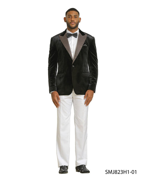 Men’s Black Velvet Tuxedo Blazer with Studded Lapel – Formal Evening Jacket