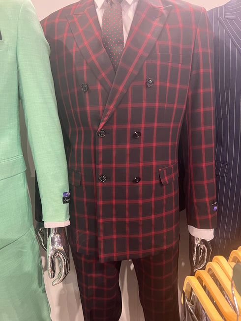 Men’s Black and Red Check Double Breasted Blazer – Sport Coat Jacket Windowpane Sportcoat Slim Fit