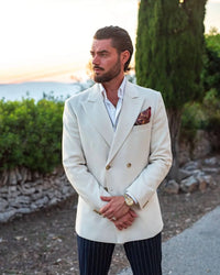 Men’s Ivory Linen Double Breasted Blazer, Lightweight Wedding Dinner Sport Coat Jacket Cream Off White