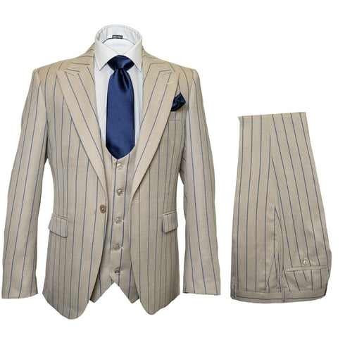 Men's Beige with blue Pinstripe Three-Piece Suit with Vest by Rossiman Vested Peak Lapel in Tan Stripe 1920s style