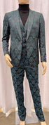 Men’s Emerald Green Floral Jacquard 3-Piece Tuxedo Suits – Slim Fit Formal Set with Blazer, Vest, and Pants Paisley Fabric - Ultra slim fitted