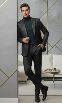 Mens Two Piece Slim Fit Suit One Button Notch Lapel Suit Black