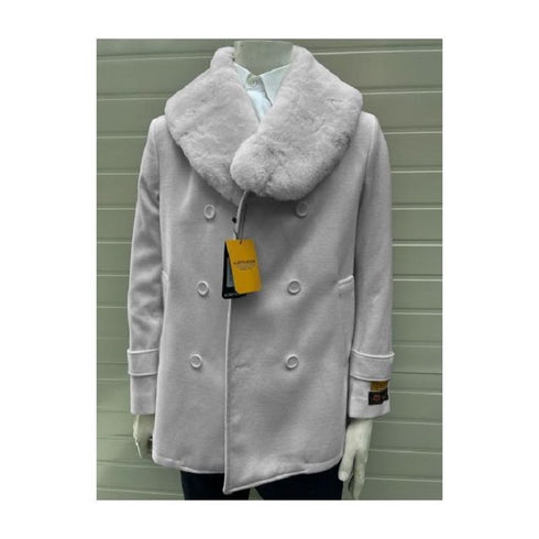 Men's Pea Coats With Fur Collar - Wool Light Grey Pea coats