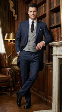 Men’s Navy Blue Three Piece Formal Suit – Cutaway Tuxedo Blazer Trousers for Wedding Tailcoat
