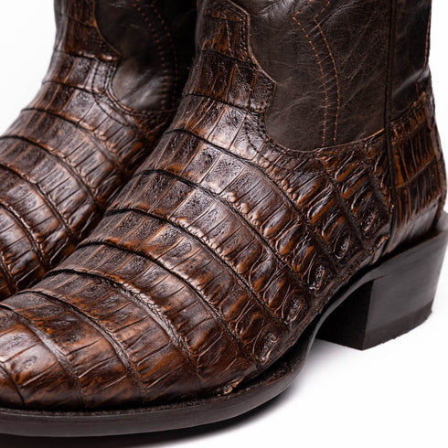 Marco Di Milano Phoenix Aged Brown Caiman Crocodile Round Toe Cowboy Boots