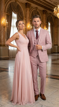 Mens Dusty Rose Three Piece Plaid Suit – Pink Check Wedding and Business Formal Suit Set Windowpane Pattern