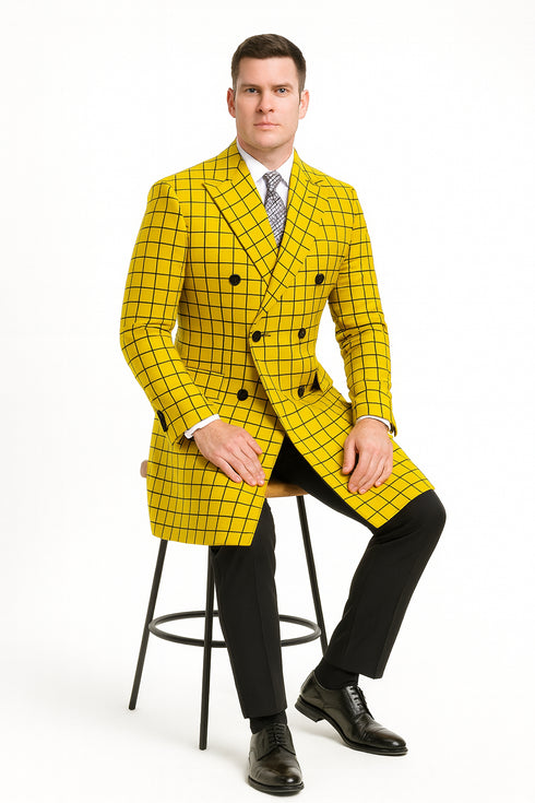 Mens Plaid Overcoat - Wool Peacoat - Plaid Topcoats Yellow