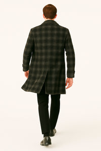 Men's Black and White Windowpane Plaid Overcoat – Classic Full Length Wool Blend Dress Coat