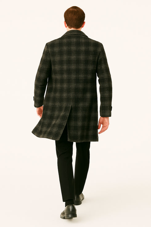 Men's Black and White Windowpane Plaid Overcoat – Classic Full Length Wool Blend Dress Coat