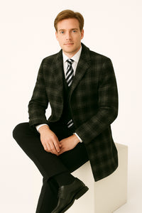 Men's Black and White Windowpane Plaid Overcoat – Classic Full Length Wool Blend Dress Coat