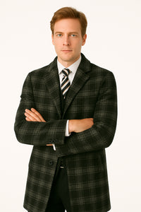 Men's Black and White Windowpane Plaid Overcoat – Classic Full Length Wool Blend Dress Coat
