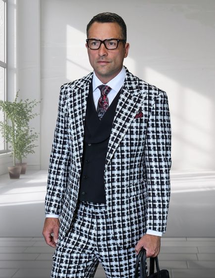 Statement Men's 3 Piece 100% Wool Fashion Suit - Unique Checker Pattern