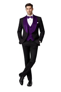 Mens Black With Purple Velvet Lapel 3-Piece Tailored-Fit Tuxedo